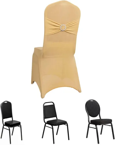 Vista 30 de Efavormart - Funda para silla de banquete de elastano beige con banda de hebilla de diamantes de imitación plateados, funda elástica para silla