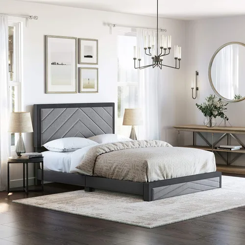 Vista 11 de Boyd Sleep Beaumont - Cama de plataforma tapizada con cabecero, base de colchón con 14 soportes de listones de madera, no requiere somier, piel Gris