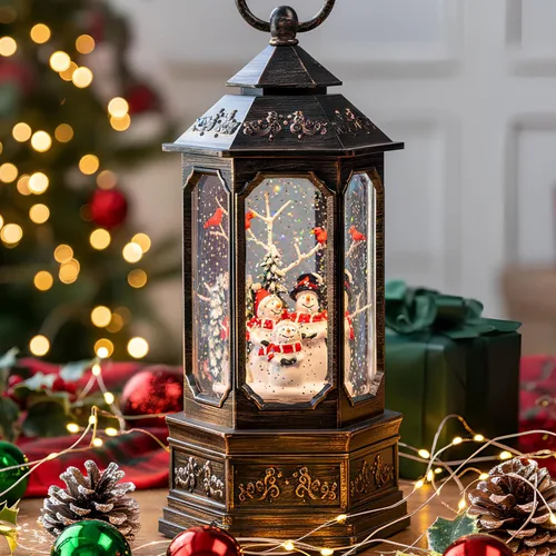 Vista 16 de Linterna de Globo de Nieve de Navidad con Agua Brillante, Árbol de Navidad con Música, USB Conectado/Funciona con Pilas, Linterna Iluminada