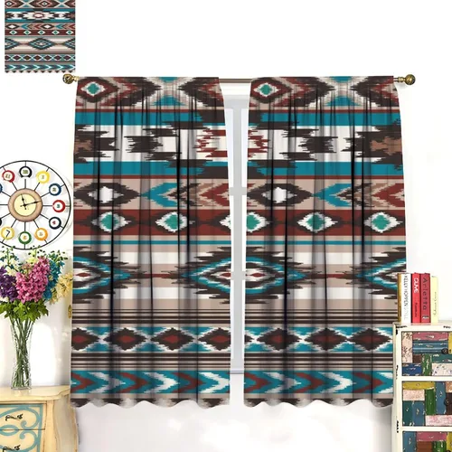 Vista 175 de Cortinas con patrón geométrico tribal, estilo suroeste, azteca, rústico, occidental, nativo americano, opacas, con bolsillo para barra, decoración