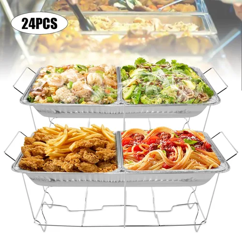 Vista 2 de Paquete de 24 soportes para bufé de alambre para rozar, tamaño completo con marco de hierro cromado para bodas, eventos y servir alimentos