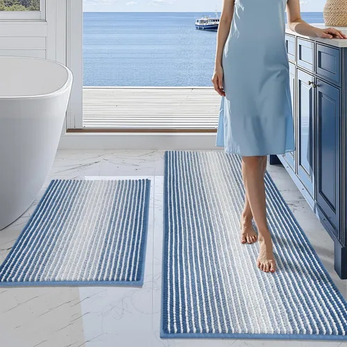 BSICPRO Juego de alfombras y tapetes de baño, 2 piezas de felpilla gruesa y absorbente, antideslizantes, suaves y peludas para baño, lavables a Azul