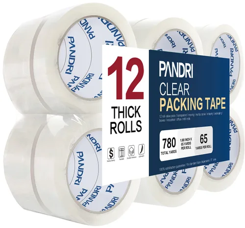 PANDRI - Cinta adhesiva de embalaje, 12 rollos de cinta de embalaje transparente resistente para envíos, embalajes, mudanzas y sellados; 4,8 cm de