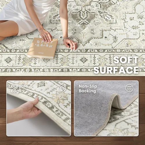 Vista 6 de zesthome Alfombras de área de 5 x 7, lavables a máquina, para sala de estar, dormitorio, resistentes a las manchas, vintage, de gran área, Beige