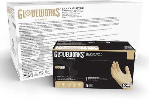 GLOVEWORKS Guantes desechables de látex marfil HD de grado industrial, 8 mil, sin polvo, doble cloro, pequeños, caja de 100 unidades
