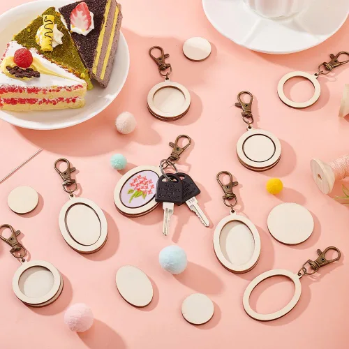 Vista 5 de OLYCRAFT 24 piezas de mini llavero de aro de bordado pequeño de madera con cierre de pinza de langosta ovalado/redondo kit de colgante de madera