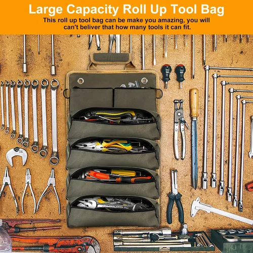 Vista 3 de Bolsa enrollable de herramientas, pequeña bolsa de herramientas enrollable con bolsas desmontables, organizador de bolsas de herramientas