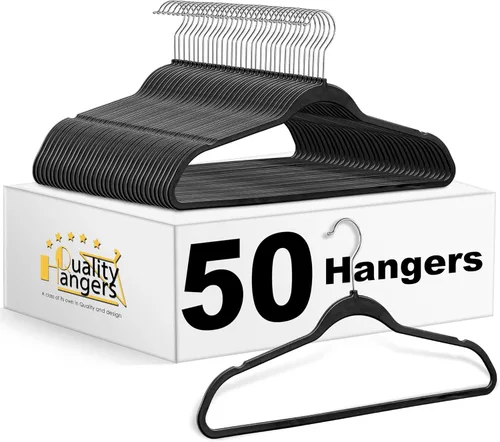 Vista 11 de Quality Hangers Paquete de 20 perchas de plástico para ropa, perchas delgadas sin terciopelo con gancho cromado giratorio de 360° y muescas
