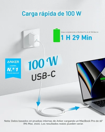 Vista 2 de Anker Cargador para portátil, cargador USB C plegable compacto de 100 W con Blanco ártico