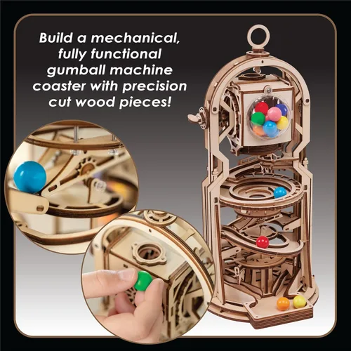 Vista 2 de MindWare Gearjits: Gumball Machine Montaña Rusa de Canicas – Rompecabezas de construcción 3D de madera para adolescentes y adultos – Juguetes