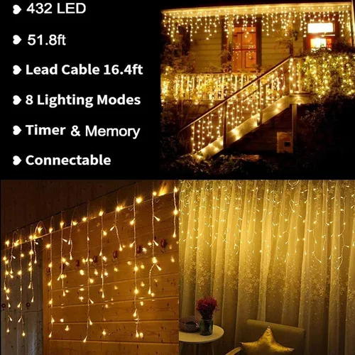 Vista 2 de LYHOPE Luces de Navidad de Carámbanos, 432 LED 35.4 pies 8 Modos Luces de Carámbanos de Cadena de Bajo Voltaje con 72 Gotas, Luces de Hadas
