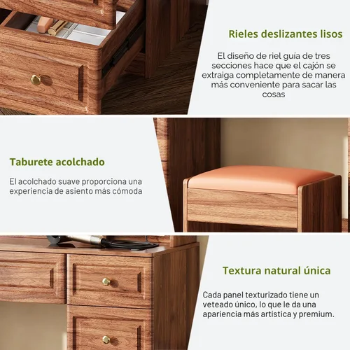 Vista 4 de Arulvmrn Escritorio de maquillaje de 43 pulgadas con espejo y luces, y toma de corriente, mesa de tocador grande con parte superior de vidrio con 9