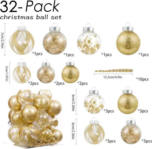Vista 2 de XmasExp Juego de adornos de esferas de Navidad de 32 piezas, de plástico transparente inastillable dorado, esferas colgantes para el árbol