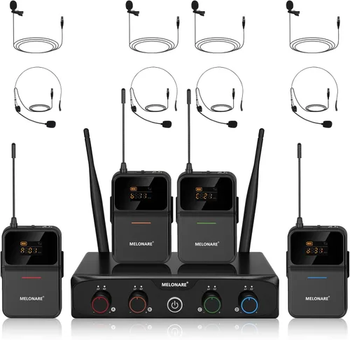 Vista 12 de MELONARE Sistema de micrófono inalámbrico de 4 canales, juego de micrófono inalámbrico UHF con frecuencias de 4x10, 200 pies, 2 micrófonos dinámicos
