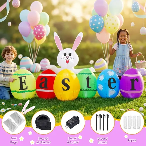 Vista 3 de Conejito inflable de Pascua de 8 pies de largo con huevos, luces LED integradas, decoración de conejo inflable para interiores y exteriores, patio