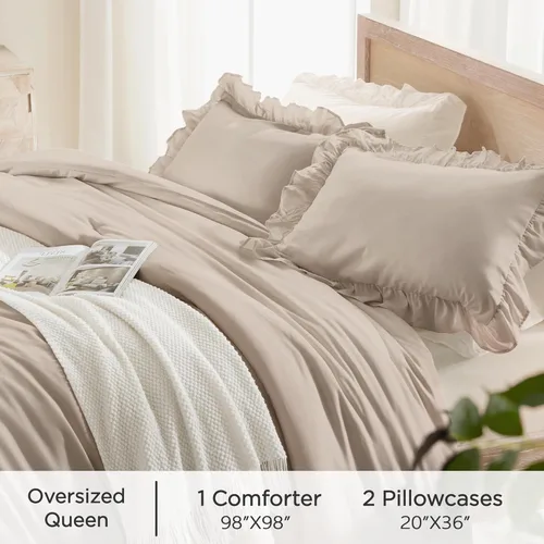 Vista 330 de Andency - Edredón beige con volantes tamaño individual, de 2 piezas, estilo rústico shabby clásico para niños, ligero y suave de microfibra