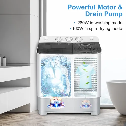 Vista 5 de COSTWAY Lavadora Portátil, Doble Tina Capacidad de 22 Libras, Lavadora Compacta (13.2 Libras) y Centrifugadora (8.8 Libras) con Perillas de Control