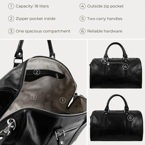 Vista 6 de Time Resistance Bolsa de lona pequeña de cuero de grano completo - Bolsa de noche de fin de semana de gimnasio (negro)