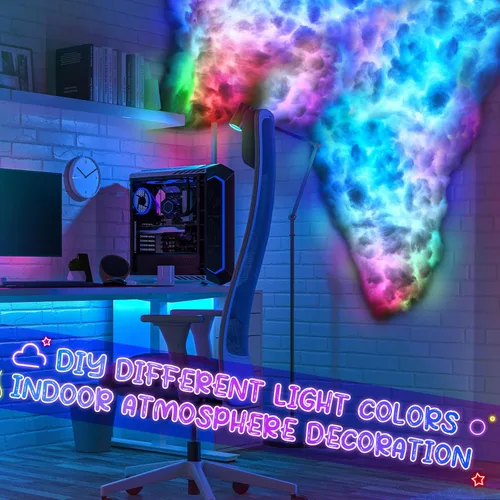 Vista 5 de Huquary Kit de luces LED 3D de nubes de trueno, nube de algodón con sincronización de música, tira de luz multicolor que cambia de color, lámpara