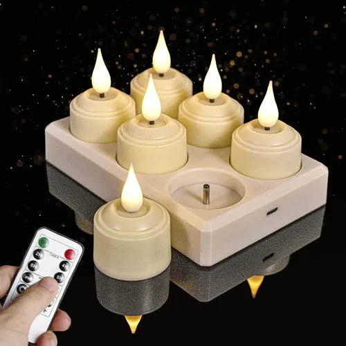 Vista 7 de NICEME Velas de té recargables sin llama con estación de carga, 6 velas LED que funcionan con pilas, velas votivas eléctricas parpadeantes para mesa