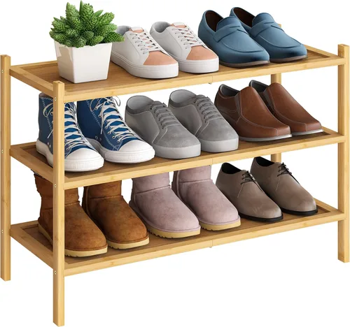 Vista 10 de BMOSU - Estante de zapatos pequeño de bambú de 2 niveles premium, organizador de almacenamiento apilable para pasillo, armario, sala de estar y Negro