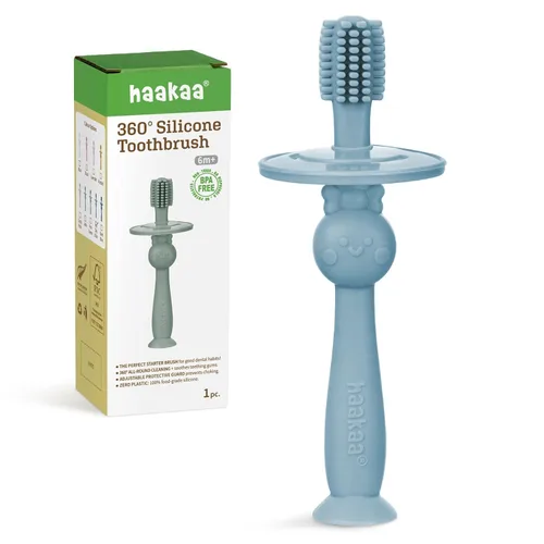 Vista 13 de Haakaa cepillo de dientes para bebés 360° con base de succión - Limpieza suave para el entrenamiento de auto-cepillado del bebé, silicona de calidad