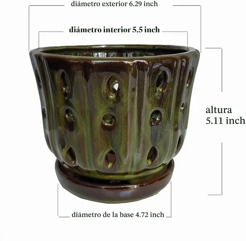 Vista 3 de Macetas de cerámica para orquídeas con platillo adjunto y agujero de drenaje de 6'' (verde musgo)