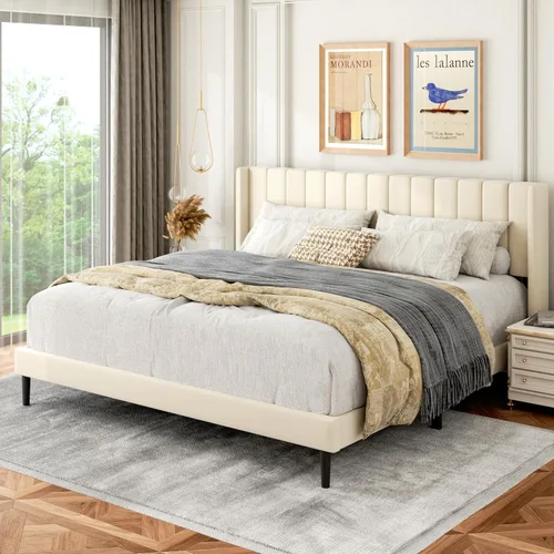 Vista 60 de Base de cama tamaño Queen con cabecera tapizada con respaldo de ala, plataforma de fácil montaje, soporte de listones de madera, no necesita somier