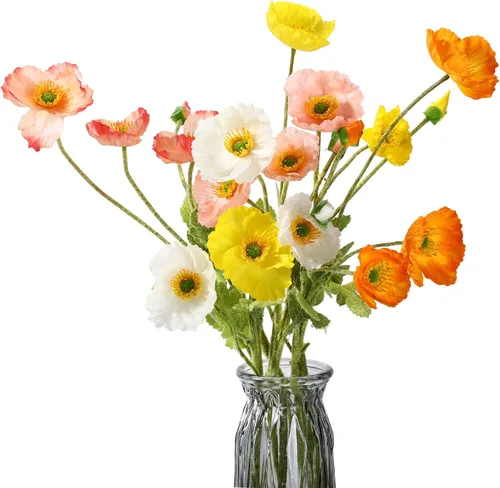 Canlierr 6 flores artificiales de seda de amapola de seda sintética para primavera, hogar, cocina, decoración de boda, arreglo floral, florero,