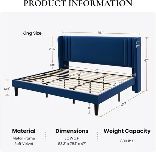 Vista 72 de SHA CERLIN Base de cama tapizada de terciopelo de tamaño matrimonial con cabecera de ala capitonada de canal vertical, soporte de listones