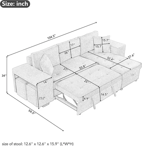 Vista 2 de Sofá cama modular modular modular en forma de L convertible de 3 plazas con diván de almacenamiento y 2 taburetes, juego de muebles reversibles