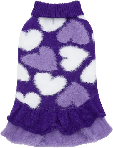 Vista 8 de CuteBone Suéter de Navidad para perro feo, suéter de invierno de punto de cuello alto verde con pompones artesanales, vestido con volantes