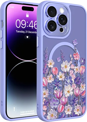 Vista 102 de Funda magnética mejorada de 6.7 pulgadas para iPhone 14 Plus con protector de pantalla [compatible con MagSafe] bonito diseño de patrón floral