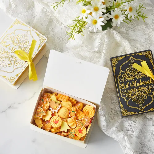 Vista 6 de Honoson 36 cajas de recuerdo de Ramadán Eid Mubarak de 4.5 x 3 pulgadas, cajas cuadradas de dulces Eid Al Fitr con cinta dorada para suministros