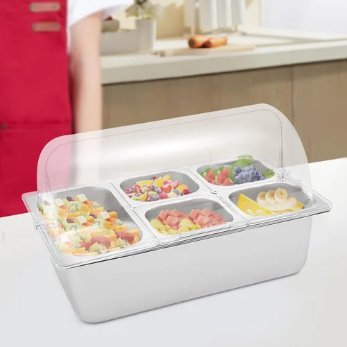 Vista 14 de Recipiente de acero inoxidable para servir alimentos para encimera, contenedor de servir alimentos con tapa, servidor de condimentos con cucharas
