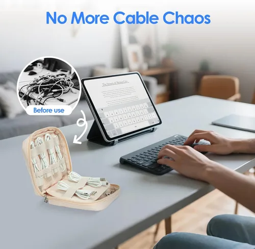 Vista 6 de LENTION Tech - Bolsa organizadora resistente al agua, bolsa compacta para cables para cargador de MacBook, banco de energía, cables USB, Beige