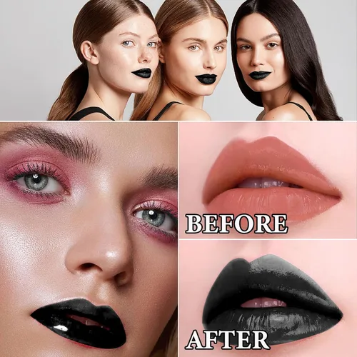 Vista 3 de Juego de 3 lápices labiales y delineador de labios líquido mate negro mate, alto pigmentado, brillo de labios, juego de delineadores de labios
