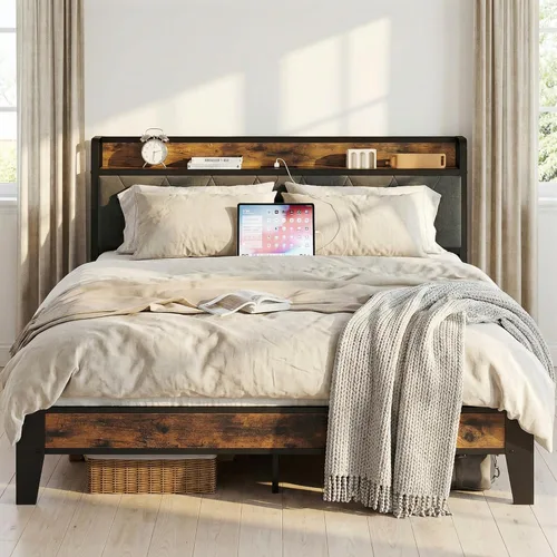 Vista 12 de ANCTOR - Base de cama tamaño Matrimonial, cabecera con almacenamiento y enchufes, fácil de instalar, resistente y estable, sin ruido, no necesita