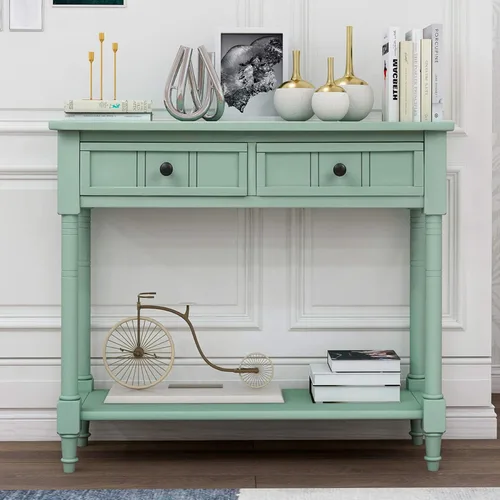 Vista 60 de P PURLOVE Mesa consola de madera con 2 cajones y estante inferior para dormitorio (azul marino)