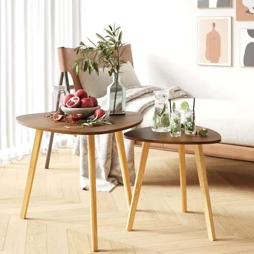 Vista 33 de BAMEOS Juego de 2 mesas auxiliares triangulares de bambú, mesa auxiliar moderna minimalista para sala de estar (blanco mármol)