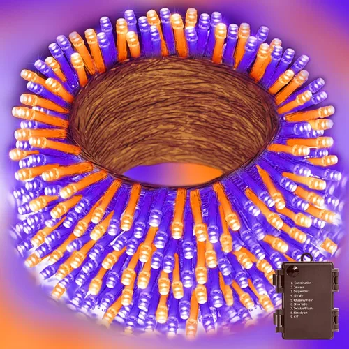 Vista 10 de LAMPHOME Luces de Navidad multicolor que funcionan con pilas, 34.1 pies, 100 luces LED impermeables de cadena para árbol de Navidad con 8 modos