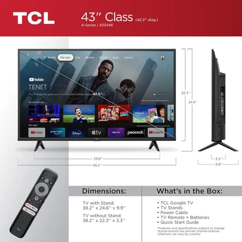 Vista 2 de TCL Smart TV de 43" clase 4-Series 4K UHD HDR con Google TV - Modelo 43S446, 2022