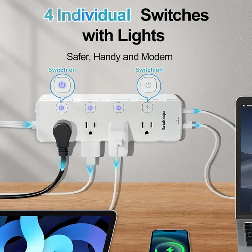 Vista 3 de Regleta protectora de sobretensiones de 15 pies, 8 salidas de CA, 4 USB (2 USB C), cable de extensión de enchufe plano con interruptores
