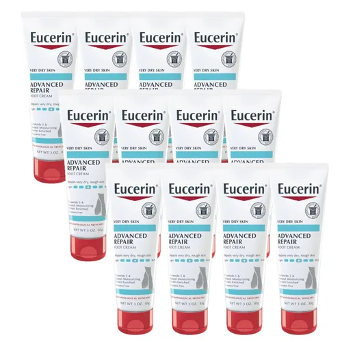 Eucerin Advanced Repair - Crema de pies sin perfume para pies y talones secos, tubo de 3 onzas, paquete de 12