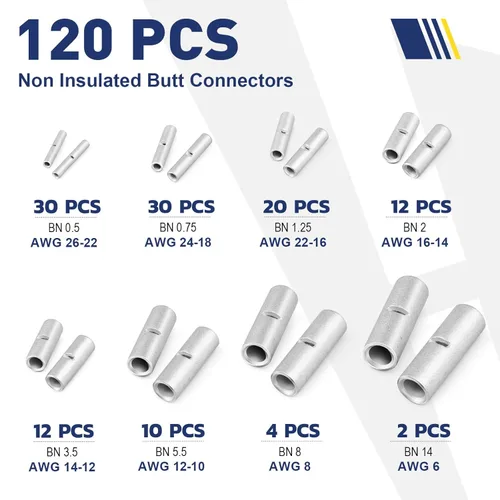 Vista 2 de Haisstronica Kit de conectores a tope no aislados 120 piezas conectores a tope para cableado de cobre puro AWG26-6 conector de crimpado de alambre