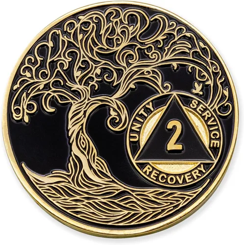 Vista 241 de 1 año Sobriety Mint Twisted Tree of Life Medallón de recuperación AA chapado en oro, chip/ficha - negro
