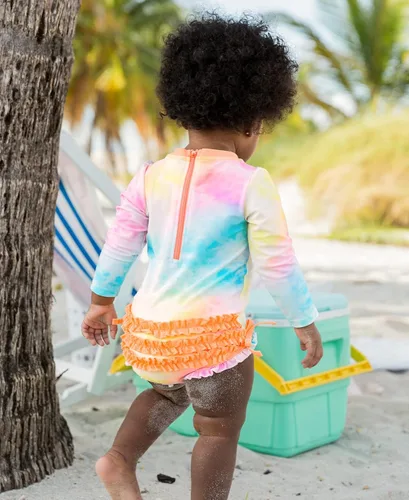 Vista 3 de RuffleButts - Traje de baño de manga larga, de una pieza, para bebéniñas, con protección solar UPF 50+