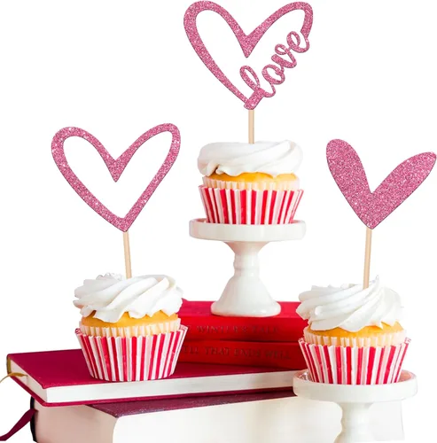 Vista 24 de Paquete de 24 adornos para cupcakes con purpurina en forma de corazón con temática de amor dulce, decoración de pasteles para el día de San