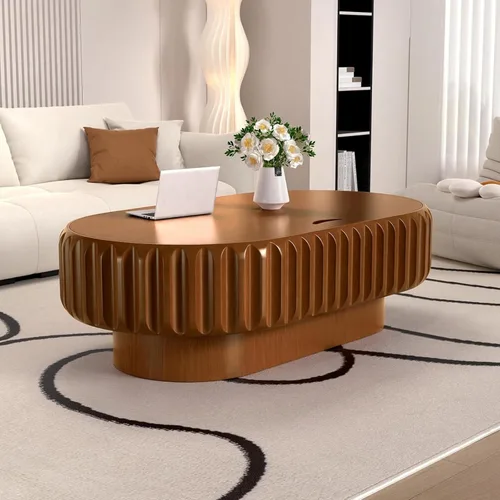 Vista 7 de Oval Coffee Table with Storage, 43.3 Inch Modern Fluted Coffee Table with Removable Lid for Living Room, Wood Drum Center Table for Apartment Small