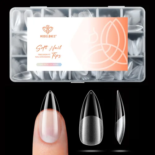 Vista 18 de modelones Puntas de uñas cortas de almendra, 360 piezas pre-grabadas al ácido, uñas postizas transparentes suaves de presión, cobertura completa